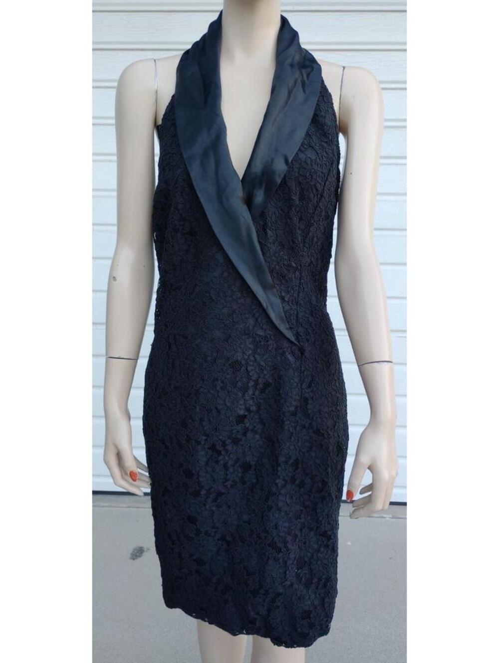 VTG Jessica McClintock 80s Black Lace Halter-Top Cocktail Holiday Dress sz 10